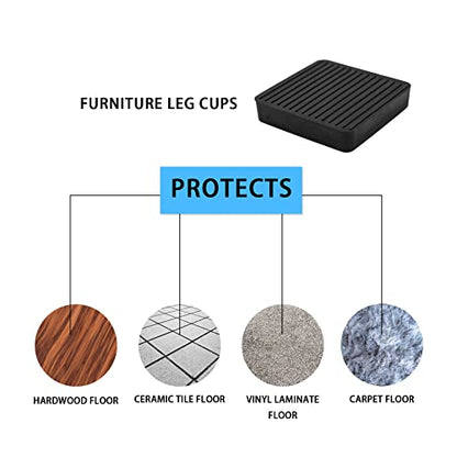 Non Slip Furniture Pads, SAFYY Square Rubber Anti Skid Caster Cups Leg Coasters, Couch, Chair, Feet, and Bed Stoppers with Anti-Sliding Floor Grip, Furniture Floor Protectors - size: 3'' Black 4 Pack