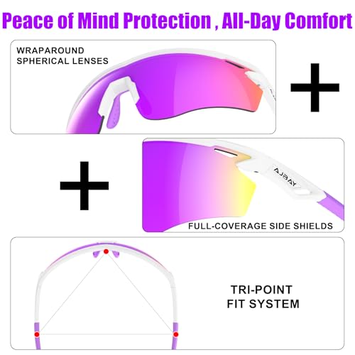 Polarized Sports Sunglasses for Men Women,Wrap Around Sun Glasses for Running Cycling Baseball Fishing Golf Hiking - color: White Purple
