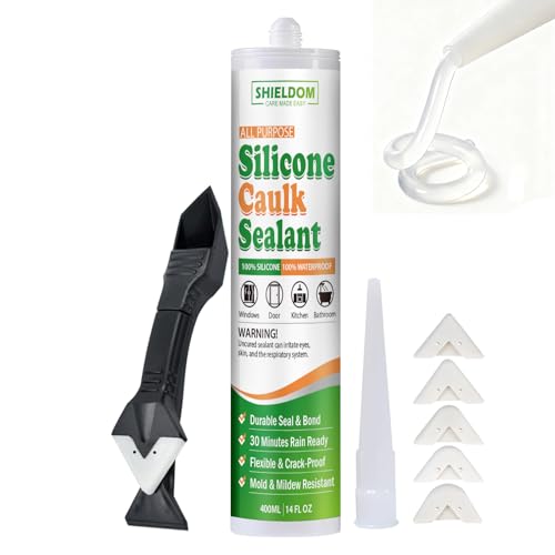 SHIELDOM Silicone Caulk for Kitchen & Bathroom, Clear Silicone Sealant 100% Waterproof Caulk & Seal with Caulking Tool Stronger Adhesion, Shrink & Crack Proof All Purpose for Window, Door & More 14 oz - color: Clear