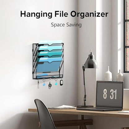 2 Pack 5 Tier Wall File Organizer - Hanging File Organizer with 5 Hooks, Mail Holder Wall Mounted for Papers, Folders, Magazines, Bills, Office&School Organization, Black - size: 5 Tier-Black-2Pack