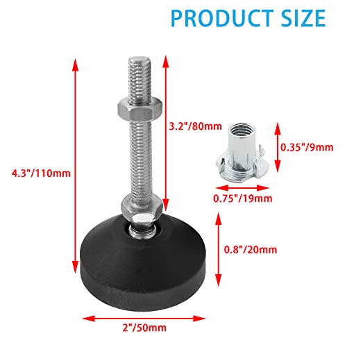 Luomorgo 4 Pcs M8 Leveling Feet with T-Nut, Anti Skid Threaded Rubber Feet, Adjustable Swivel Levelers for Furniture Feet, Heavy Duty Appliance Feet for Mechanical Equipment (D50 x M8 x H80) - size: D50 X M8 X H80