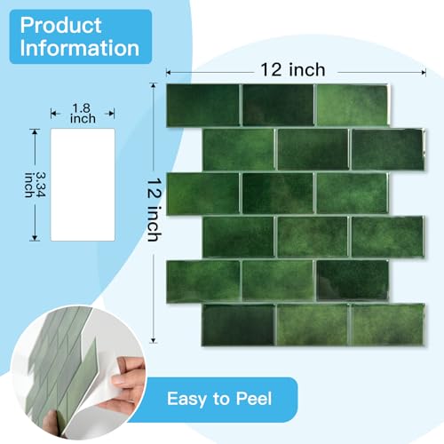 Art3d Peel and Stick Green Wall Tiles – 12"x12" Thicker Design Backsplash, Self-Adhesive Tile for Kitchen & Bathroom Renovation - color: Green