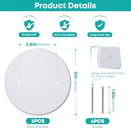 3-Pack Ceiling Cover Plate, 5 inch Round Outlet Covers Plate For 3-1/2 inch Electrical Box, Metal Blank Cleanout Cover Plate for Smoke Detector, Wall Light Hole, Hole Spacing 2.8 inch-White - color: 3 PCS