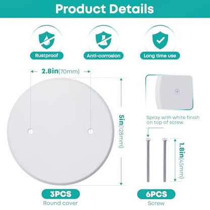 3-Pack Ceiling Cover Plate, 5 inch Round Outlet Covers Plate For 3-1/2 inch Electrical Box, Metal Blank Cleanout Cover Plate for Smoke Detector, Wall Light Hole, Hole Spacing 2.8 inch-White - color: 3 PCS