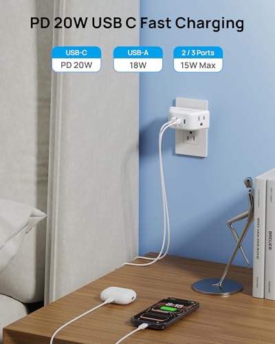 TROND Outlet Extender with 360 Rotating Plug, 2 AC Outlet Splitter with PD 20W USB C, 3-Side Design Wall Plug Adapter, for Bathroom Kitchen Cruise Ship Travel Essentials, White - color: White, size: 2A2C1U & PD20W-3 Prong (Rotating Plug), 1 Pack