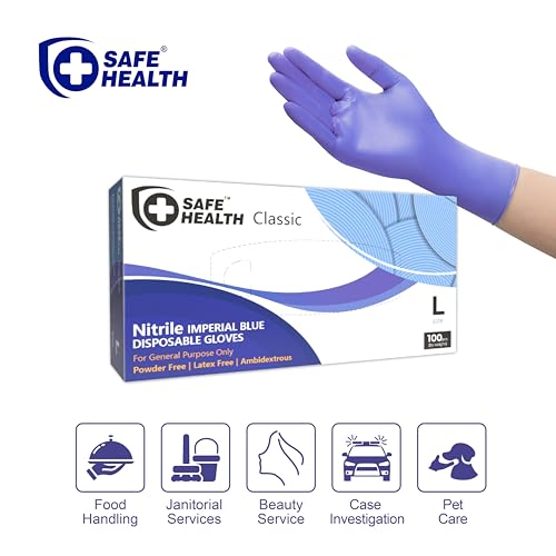 Safe Health Nitrile Disposable Gloves, 3.5 Mil, Imperial Blue, Powder Free, Latex Free, Tattoo, Beauty, Salon, Car - size: Medium, style: 1 Box of 100 Pcs