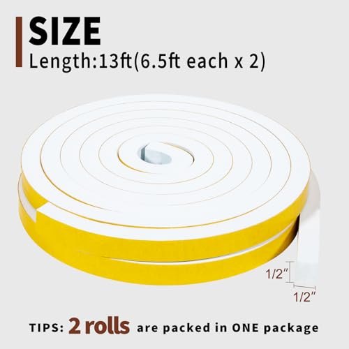 Yotache White Foam Insulation Tape 1/2" x1/2", Rubber Weather Stripping Seal, Total 13 Feet Long (2 X 6.5 Ft Each) - size: 1/2"x1/2"x 13FT