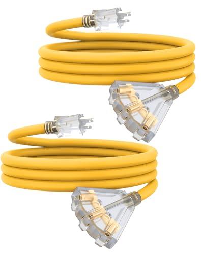 10Ft 12 Gauge Outdoor Extension Cord with 3-Outlets, Heavy Duty 3 Prong Extension Cord Waterproof with Lighted end, 15A SJTW, ETL Listed, Yellow - color: Yellow, size: 10FT 2PACK