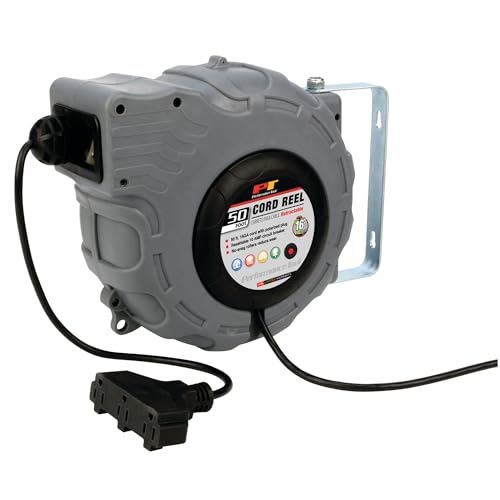Performance Tool W2273 50ft 16 Gauge, Retractable Cord Reel with Guided Return - Install On Ceiling, Wall, Floor, or Workbench - size: 750-lb Capacity
