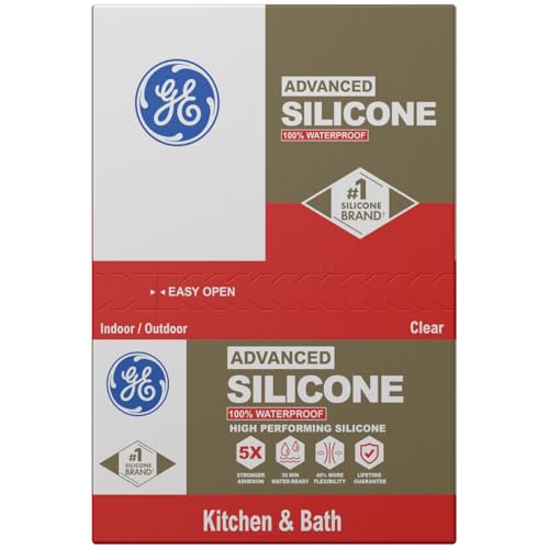 GE Advanced Silicone Caulk for Kitchen & Bathroom, Clear, 10 fl oz Cartridge, 12 Pack - 100% Waterproof Silicone Sealant, 5X Stronger Adhesion, Shrink & Crack Proof - color: Clear, size: Pack of 12