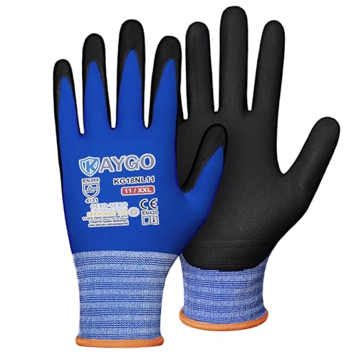 KAYGO Safety Work Gloves MicroFoam Nitrile Coated, 3 Pairs KG20NB,Seamless Knit Nylon Glove with full fingers Touchscreen, Ideal for Automotive,Warehouse,Construction (2X-Large, Blue) - color: Blue, size: XX-Large