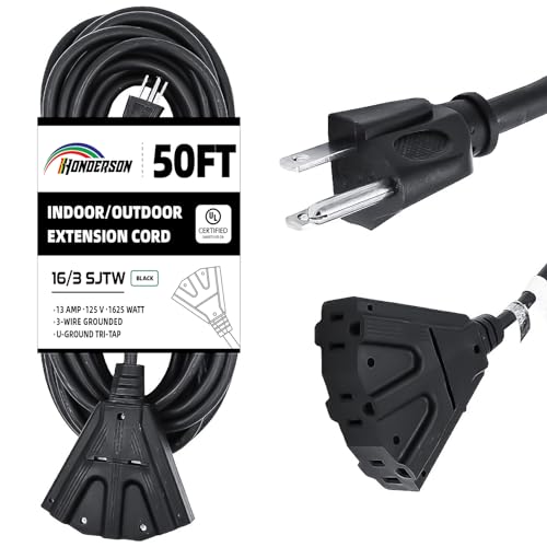 3-Outlets Indoor Outdoor Extension Cord Weatherproof, UL Certified, 16 Gauge 50FT Black 3 Prong Heavy Duty, 16/3 SJTW 13A Power Cord - color: Black, size: 50ft