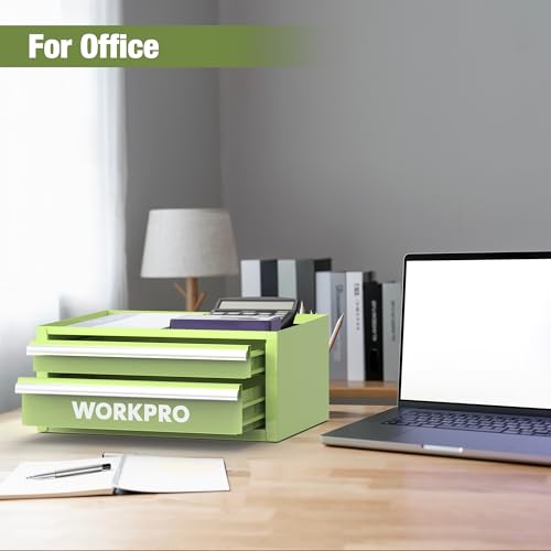 WORKPRO 12.5" Mini Tool Box with 2 Drawers & 1 Open Top Storage, Small Metal Tool Chest with PVC Liners & PP Feet Pads, Cold Rolled Steel Toolbox with Drawer Liners & Magnetic Tabs - color: Macaron Green
