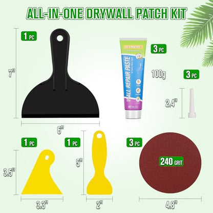Jetmore 12 Pcs Drywall Repair Kit, 3 × 3.5 oz (100g Each) Spackle, Wall Repair Paste, Wall Putty, Wall Hole Filler with Putty Knife & Sanding Pad for Nail Holes, Cracks, Dents, Wall Mending Agent