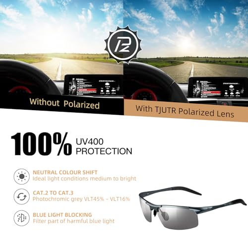 TJUTR Mens Photochromic Sunglasses Day & Night Driving Z87 Sun Glasses Polarized UV400 Protection Safety Glasses - color: A Gun Frame/Grey Photochromic Polarized Lens