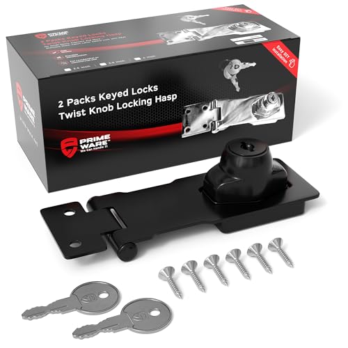 Primeware Keyed Twist-Knob Hasp Latch, Complete Kit with Keys & Hardware, Durable Locking Latch for Cabinets, Drawers, Small Doors, Heavy Duty Hinge Lock Hasps, 2-Pack, Black, 3.5 Inches - color: Black, size: 3.5"