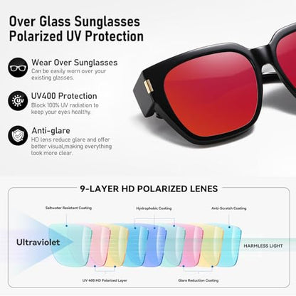 HAOLOTA Polarized Fit Over Glasses Sunglasses for Women Men Trendy Square Wrap Around Shades UV Protection - color: L Size 14 Black/Red