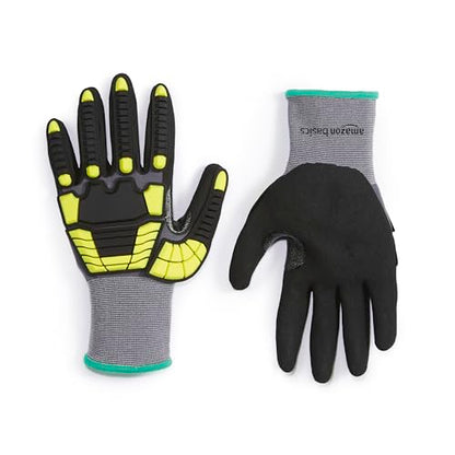 Amazon Basics Safety Work Gloves, Cut Level A1, Abrasion ANSI Level A4, Impact Protection, Touch Screen Friendly, 15G Sandy Nitrile Palm, Yellow, Size Medium, Pack of 120 Pairs - size: Medium