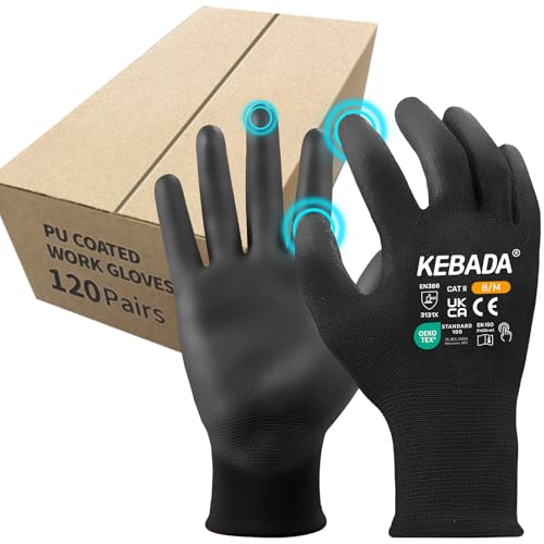 Kebada Safety Work Gloves,120 Pairs Bulk Pack, Touchscreen, PU Coated, Ideal for Warehouse, Construction, Gardening and Mechanics, Black, X-Small - color: 120 Pairs-black, size: X-Small