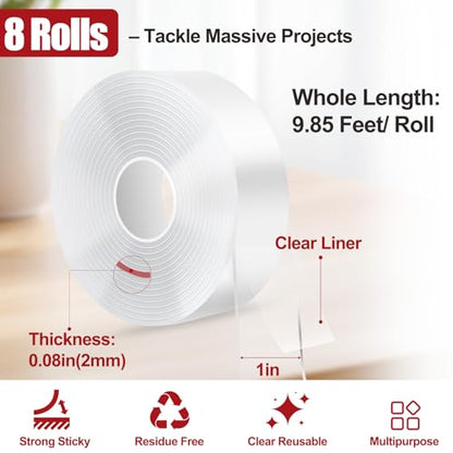 CHANGTIKEJI Double Sided Tape Heavy Duty 8 Rolls 1 Inch x 9.85 Feet, Clear & Tough Nano Tape, Multipurpose Mounting Tape for Walls, Bathroom, Carpets,Posters,Photo,Kitchens,Mats