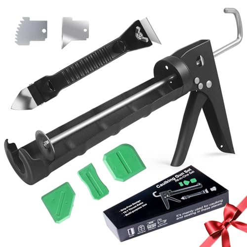 Caulking Gun Kit – 10oz Silicone Caulk Gun No Drip with Caulk Remover and 3 Silicone Finishing Tools for DIY Home Sealing & Repair – Gift Box Included