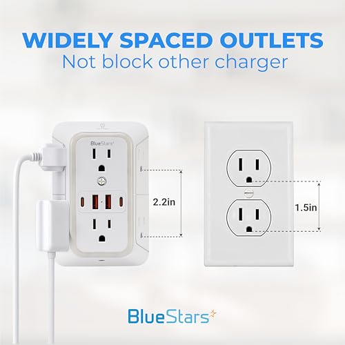 Wall Mount Power Strips Wall Charger 6 Outlet Extender 4 USB Ports (5V, 2.4A, 12W) and Night Light 3-Sided Power Strip with Adapter Spaced Outlets - Multi Plug Outlet Surge Protector for Home Office