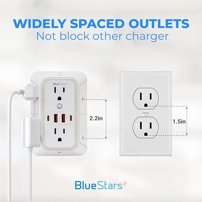 Wall Mount Power Strips Wall Charger 6 Outlet Extender 4 USB Ports (5V, 2.4A, 12W) and Night Light 3-Sided Power Strip with Adapter Spaced Outlets - Multi Plug Outlet Surge Protector for Home Office
