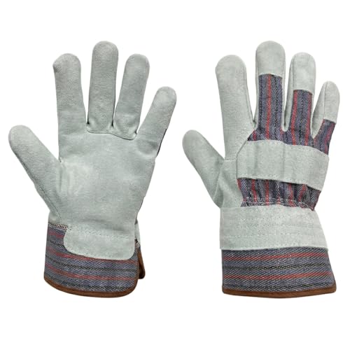 Work Gloves for Men, Durable Leather Mechanic Gloves with Rubberized Safety Cuff - color: Red