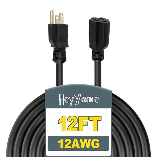 12 Ft Heavy Duty Outdoor Extension Cord Waterproof - 12/3 SJTW 15A 1875W Black Extension Cable with 3 Prong Grounded Plug, Waterproof Electric Cable for Lawn, Garden, Appliances, UL Listed - color: Black, size: 12 ft