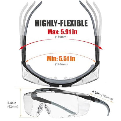 HTS HUNTERSKY ANSI Z87.1+ Anti Fog Lab Safety Glasses Fit Over Eyeglasses Up to 1.88 inch 100% UV Protective OTG Goggles - color: 3906c Black-gray / Clear & Smoke Lens