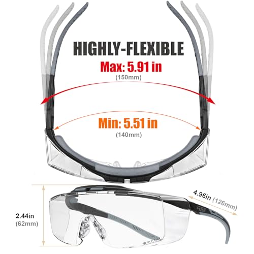 HTS HUNTERSKY ANSI Z87.1+ Anti Fog Lab Safety Glasses Fit Over Eyeglasses Up to 1.88 inch 100% UV Protective OTG Goggles - color: 3906c Black-gray / Clear Lens
