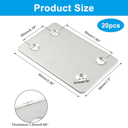20 Pcs Metal Flat Straight Brace Bracket 2.36 x 1.5 Inch (L x W) Mending Plates Fixing Corner Brace with Screws for Furniture Repair (Silver,4 Holes) - size: 20pcs 2.36 x 1.5 Inch ,4 Holes