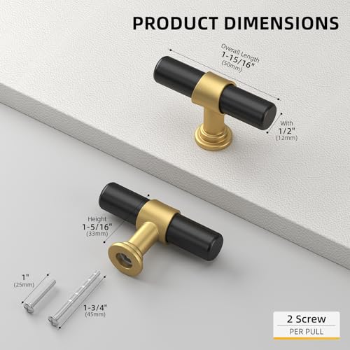 goldenwarm 10 Pack Black and Gold Cabinet Knobs Black Cabinet Knobs Gold Drawer Handles Kitchen Dresser Handles Modern T Bar Hardware for Cupboard Bedroom - color: Black&Gold, size: Knobs