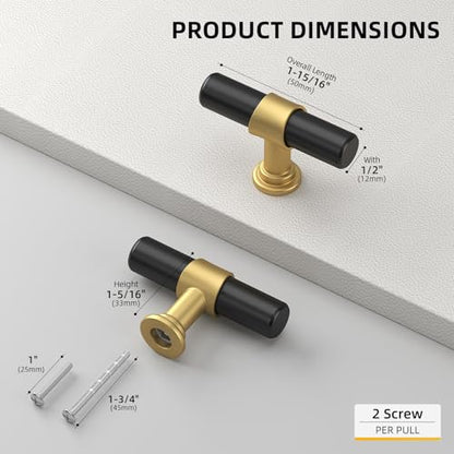 goldenwarm 10 Pack Black and Gold Cabinet Knobs Black Cabinet Knobs Gold Drawer Handles Kitchen Dresser Handles Modern T Bar Hardware for Cupboard Bedroom - color: Black&Gold, size: Knobs