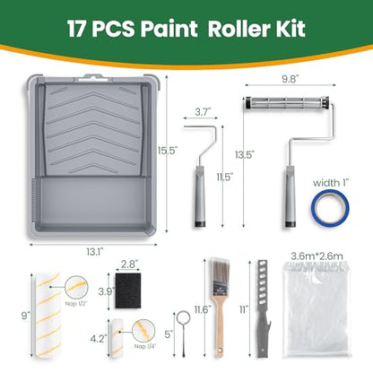 VOOMEY 17 Piece Paint Roller Kit - Paint Rollers 9"4", Paint Roller Frame，Paint Trays, Microfiber Roller Cover, Paint Kit for House Painting,Paint Brushes for Painting Walls - style: 17pcs paint roller kit