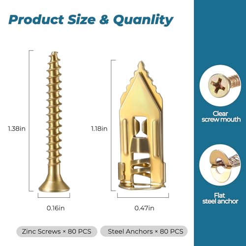 160PCS Upgraded Self Drilling Drywall Anchors with Screws Kit - 80 Corrosion-Resistant Zinc Winged Anchors + 80 Screws for Sheetrock/Gypsum Board/Hollow Walls, No Drill, Making Anchoring Easy