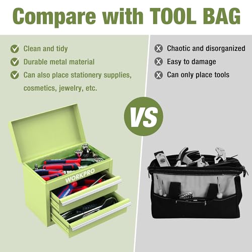 WORKPRO Mini Metal Tool Box with 2 Drawers and Top Storage, Small Tool Chest with PVC Liners and PP Feet Pads, Cold Rolled Steel Toolbox with Magnetic Tab - color: Macaron Green