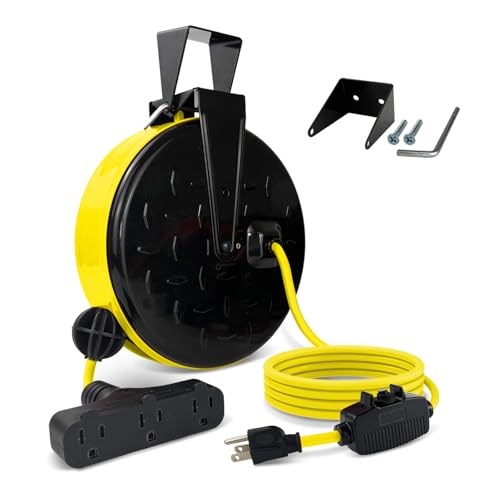 EP 30 Ft Retractable Extension Cord Reel, 16/3 SJTW Power Cord with 3 Electrical Outlets, Ceiling or Wall Mount, 10 Amp Circuit Breaker, Metal Plate, UL Listed, Yellow - color: Yellow&black