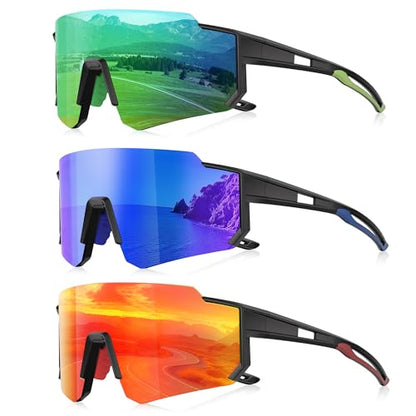 3 Pack Polarized Sunglasses for Men Women, Sports Mens Sunglasses with UV Protection for Baseball Cycling Running - color: A09-green/Dark Blue/Red