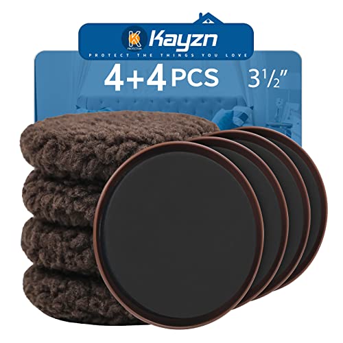 Furniture Sliders, Multi-Surface Furniture Sliders for Carpet & Hardwood Floors, 4 Pack 3 1/2" Furniture Movers for Carpet + 4 Hardwood Socks, Move Furniture on Any Surface Easily! - size: 4+4 Pack 3.5inch (Brown)