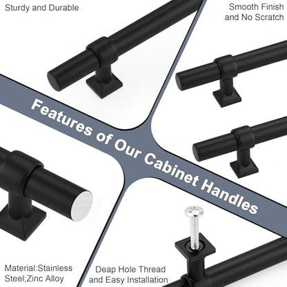 5 Pack Hole Centers 5 inch Matte Black Cabinet Handles, Stainless Steel Kitchen Cabinet Pulls, T Bar Hareware Pull Handle for Drawers Dressers Cabinets - color: Black, size: Hole Centers: 5inch