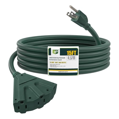 EP 15 Ft 16 Gauge Green Indoor Outdoor Extension Cord with 3 Outlets, 13A 1625W 125V, 16/3 SJTW Power Cord, 3 Prong Grounded Plug for Lights, Garden and Major Appliances, ETL Listed - color: Green, size: 15ft