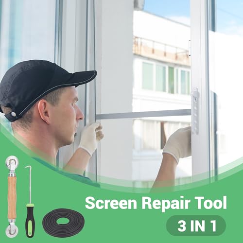 Screen Repair Kit, 32 ft Screen Retainer Spline, Spline Steel Roller, Removal Hook, 3 in 1 Screen Roller Tool, for Replacing & Installing Door Window Mesh