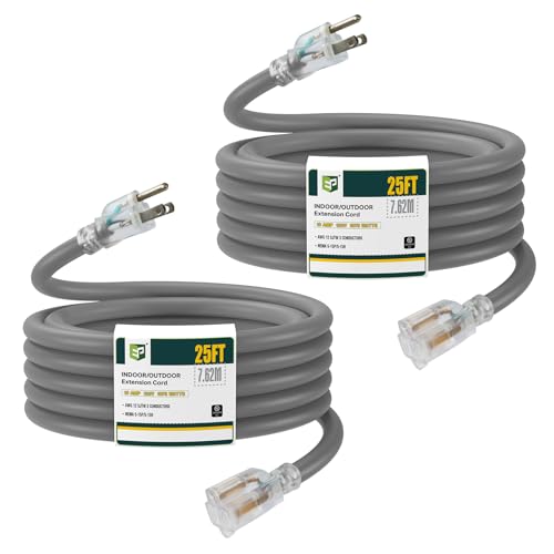 EP 2 Pack 25 Ft Lighted Outdoor Extension Cord - 12/3 SJTW Heavy Duty Grey Extension Cable with 3 Prong Grounded Plug - Power Cord for Lawn, Garden, Appliances - color: Grey, size: 25ft-2PK