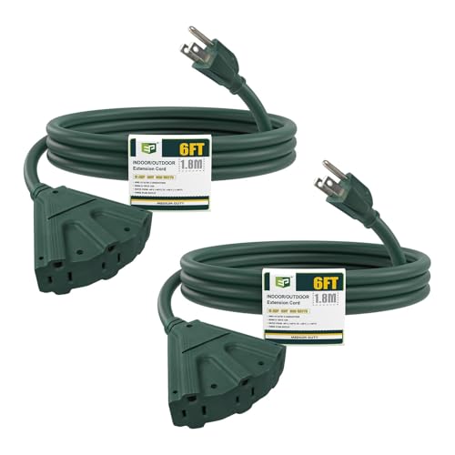 EP 6 Ft 16 Gauge Green Indoor Outdoor Extension Cord with 3 Outlets, 13A 1625W 125V, 16/3 SJTW Power Cord, 3 Prong Grounded Plug for Lights, Garden and Major Appliances, ETL Listed,2PK - color: Green, size: 6ft-2PK