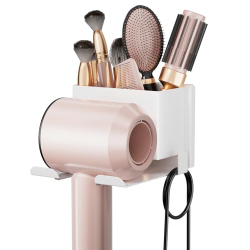 Hair Dryer Holder Wall Mounted, Hair Tools Organizer, Bathroom Space-Saving Blow Dryer Organizer Curling Irons Storage Hair Dryer Comb Attachments White (Self-Adhesive and Drilling) - color: White