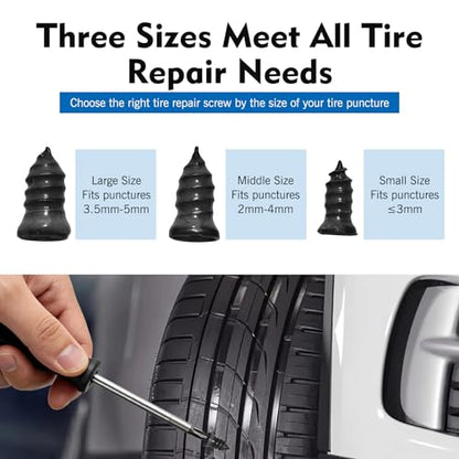 101 PCS Tire Repair Rubber Nail, 3 Size Vacuum Tire Repair Kits Spiral Rubber Screws, Fast Self-Service Tool for Car, Truck, Motorcycle, Tractor Tire Puncture Repair (Black) - size: 101pcs Screwdriver Included