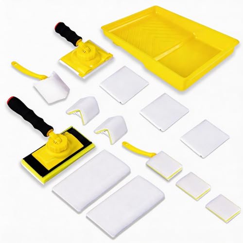 14 Pcs Walls Paint Edger Tool Professional Paint Edger Kit 4 Shape Trim Pads (7"+4"+1"+V-Corner) with 9 Refills 360° Rotating Handle and 7" Tray Edge Painting Tool Set for Corners Walls and Ceilings - color: Yellow