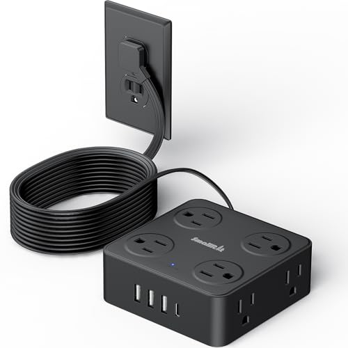 12 in 1 Power Strip Extension Cords with Multiple Outlets, 8 Outlets & 4 USB Ports Extension Cord, Flat Plug Compact Charging Station - color: Black, size: 10 Ft