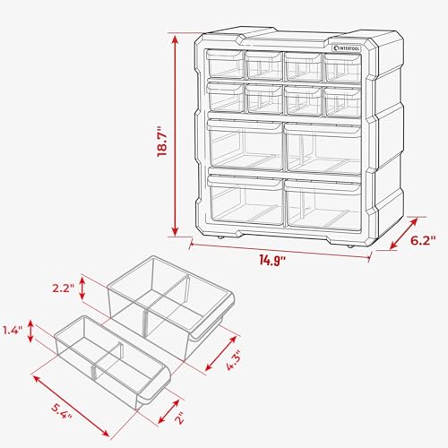 INTERTOOL Small Parts Organizer - 12 Removeable Bin Drawers - Tool Box for Storing Hardware and Garage Organization - For Screws, Bolts, Legos, Arts and Crafts - 10” x 10” x 6” - BX08-4024 - style: 12 Drawers